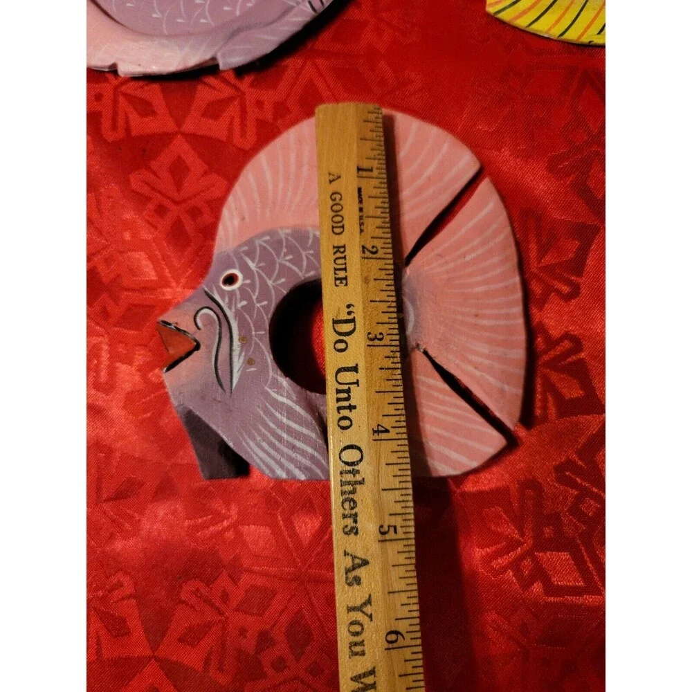 Hand Painted Wooden Fish Napkin Rings Home Decor Set of 6 with 4 Coasters